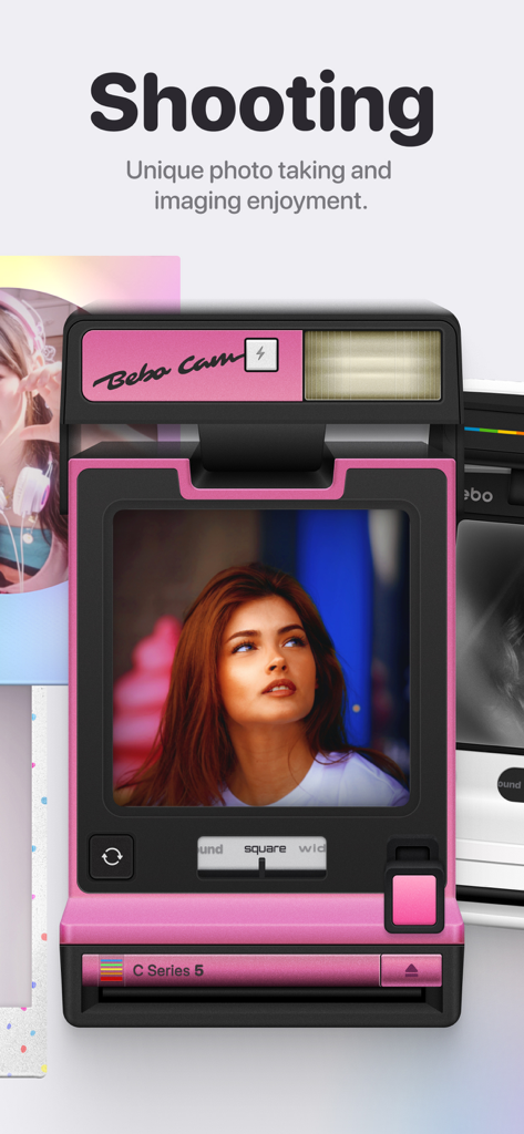 Bebo Cam:Retro Instant Camera - Interfaccia di scatto dell'app Bebo Cam con una fotocamera istantanea retrò in stile meccanico rosa.