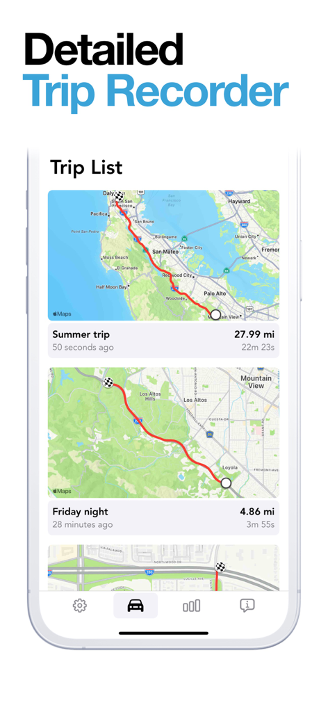 Detailed trip recorder history showing map routes and distances in the GPS Speedometer app
