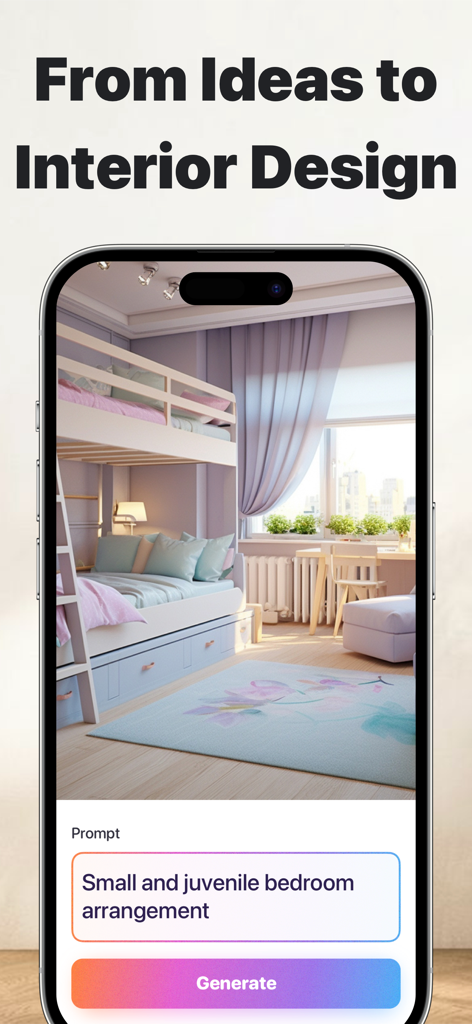 Pantalla de iPhone que muestra House Design AI generando un diseño de dormitorio juvenil a partir de una indicación de texto