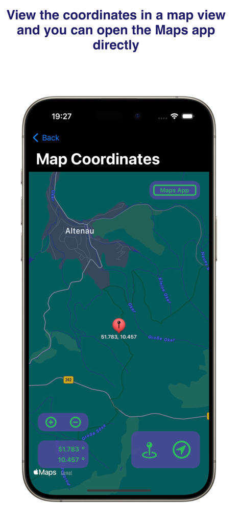 Marine Converter - Marine Converter app showing GPS coordinates on a dark mode map view with a direct link to the Apple Maps app