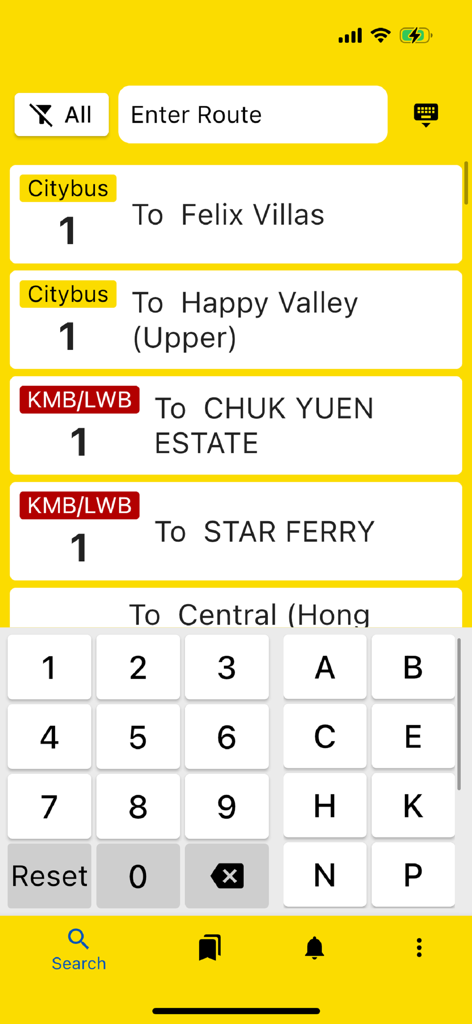 Citybus Lite - Citybus Lite app search screen showing high-contrast bus route results and a large-button accessibility keyboard.