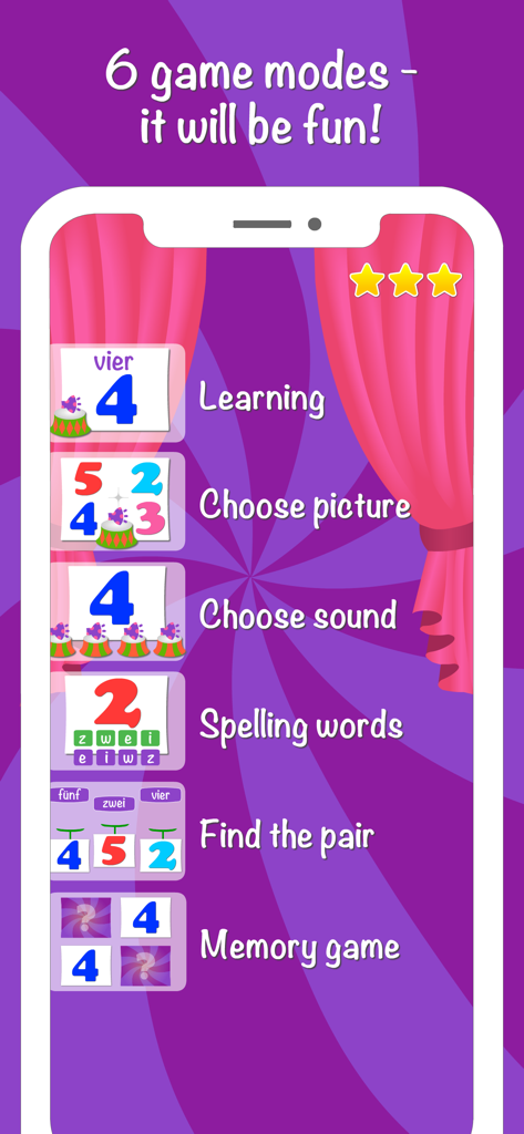 Screen showing six educational game modes in the German language for kids Pro app
