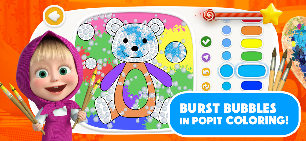 Masha and the Bear: Painting - ポップイットモードで泡を使って色を塗られている熊の隣で、絵筆を持っているマーシャ。