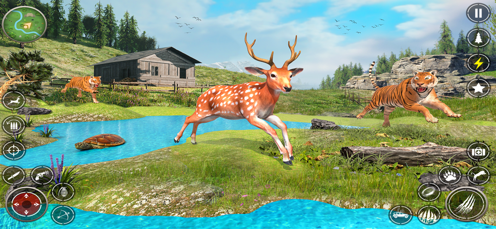 The Tiger Family Simulator 3D - Two tigers chasing a deer in a 3D open world forest environment.