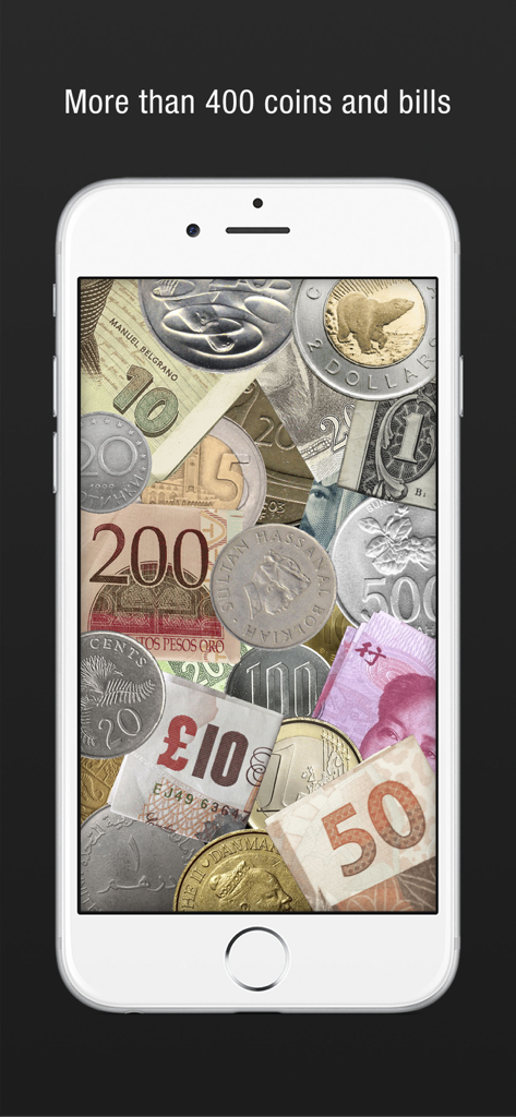 Card2Phone - Card2Phone magic app displaying a variety of international coins and banknotes on an iPhone screen