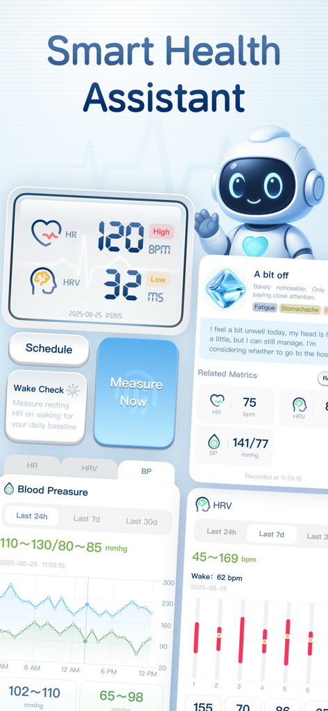 AI Heart Monitor app interface showing heart rate variability and blood pressure tracking with an AI robot assistant