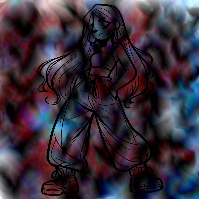 girl in baggy pants crop top and long hair