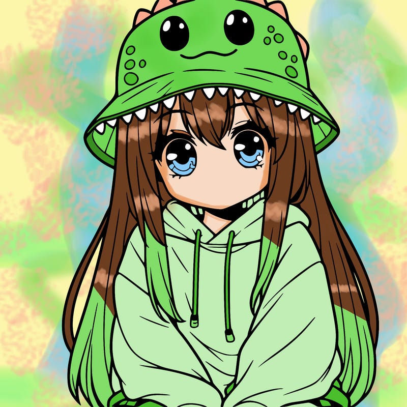 girl with anime shaped eyes with a dinosaur bucket hat oversized sweatshirt long straight hair