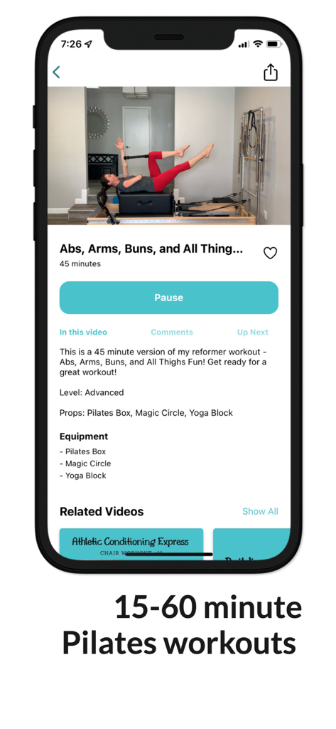 April Plank Pilates - April Plank Pilates mobile app showing an advanced reformer workout video interface with equipment details