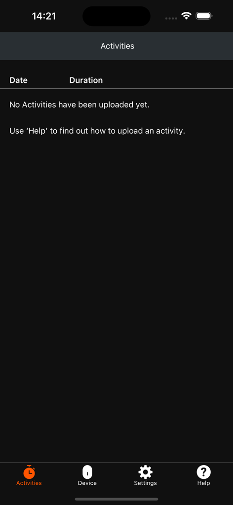 Pagina delle attività dell'app Catapult Athlete che mostra un registro di allenamento vuoto