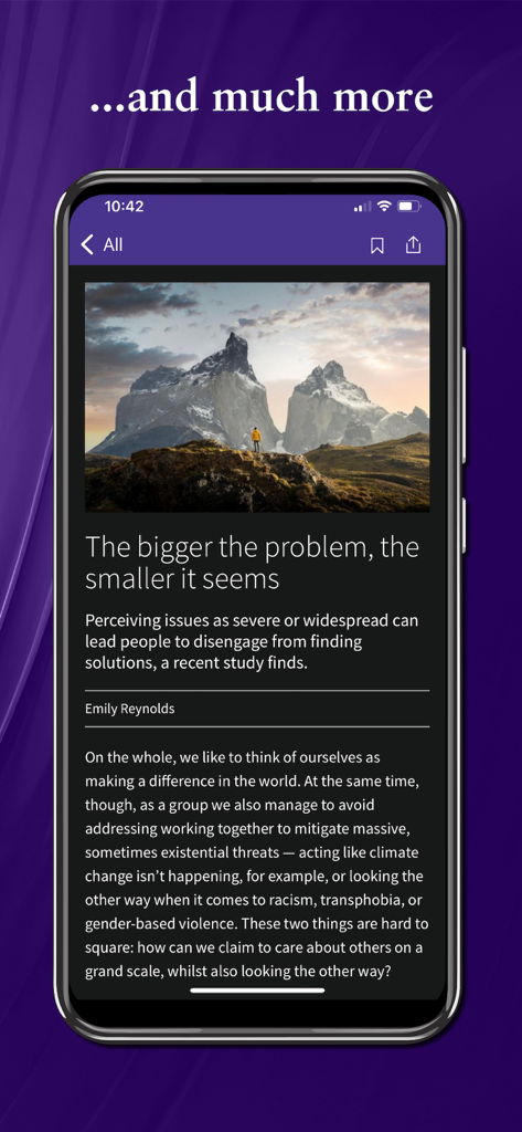 The Psychologist - A smartphone displaying an article in The Psychologist app about how perceiving issues can lead to disengagement.