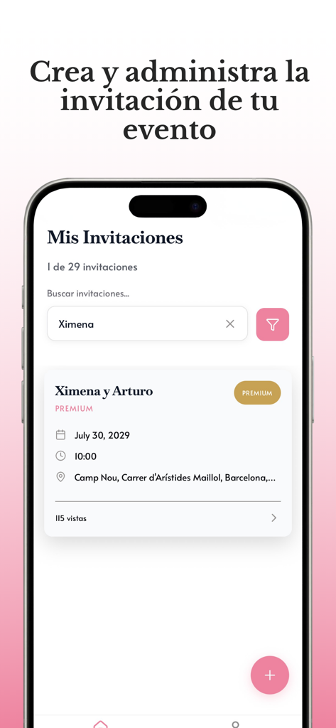 Invitio Events - Smartphone screen showing the Invitio Events app dashboard with a list of digital invitations and event details for Ximena and Arturo.