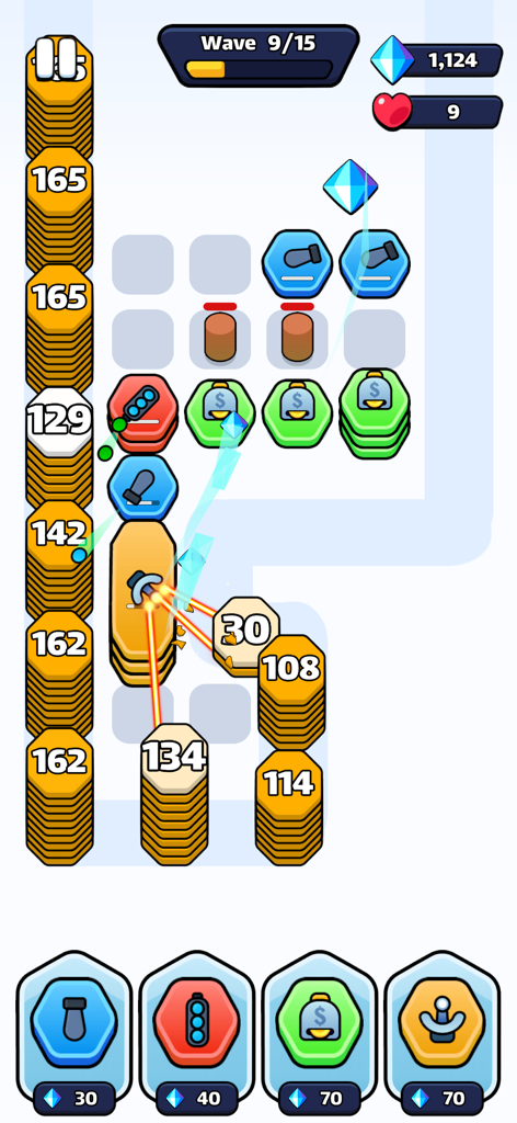 Hex Defense! - Hex Defense mobile game interface showing defensive towers attacking stacks of numbered hexes