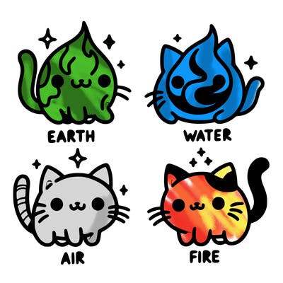 4 cats that represent the different elements, earth, water, air, and fire