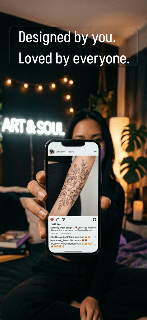 Tattoo Try - AI Tattoo Try On - Una mujer sosteniendo un teléfono inteligente que muestra un diseño de tatuaje floral personalizado creado con la aplicación Tattoo Try