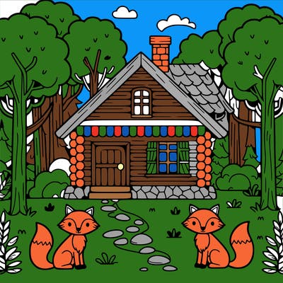 a house in a forest with trees and with two foxes in front, complex
