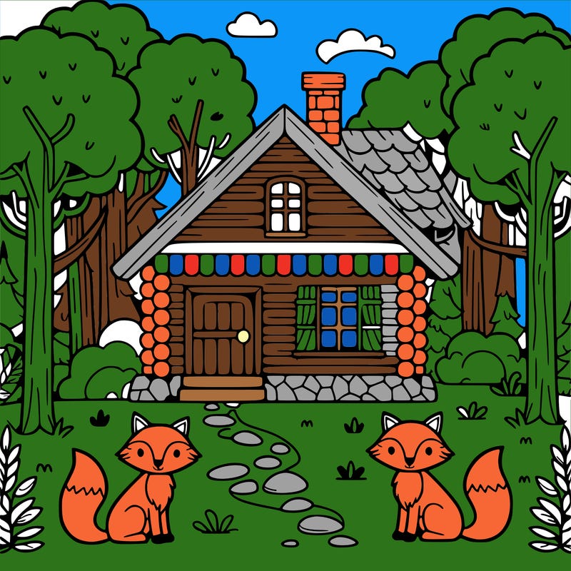 a house in a forest with trees and with two foxes in front, complex