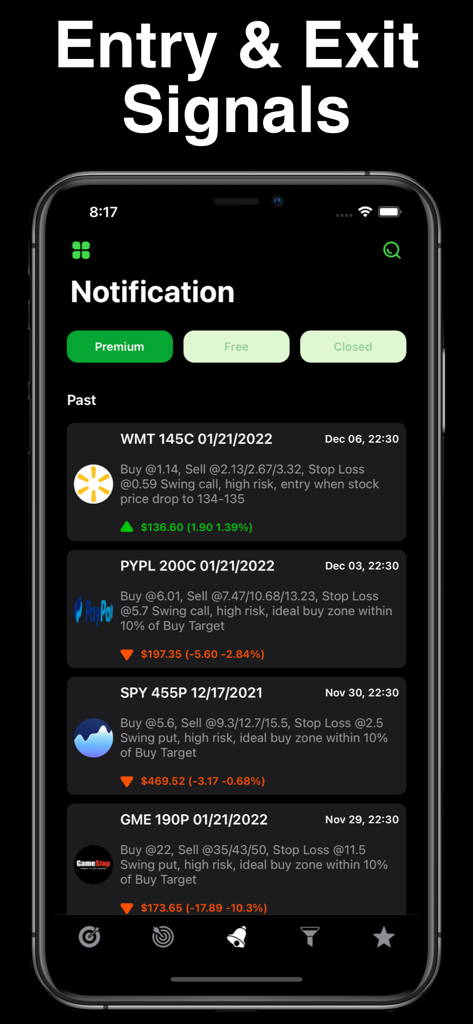 Stocks Alert - Stock Screener - Mobile app screen showing trading notifications with buy and sell signals for stocks and options.