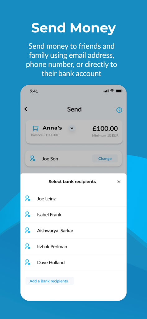 Pantalla de la aplicación MiFinity mostrando opciones para enviar dinero a cuentas bancarias y contactos