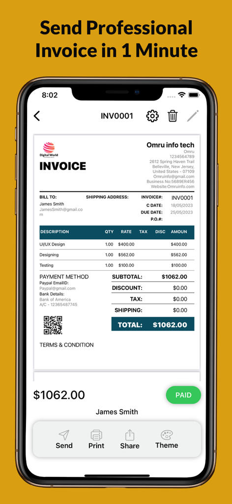 ビジネスロゴと支払い詳細を含むプロフェッショナルな請求書テンプレートを示すスマートフォンの画面。