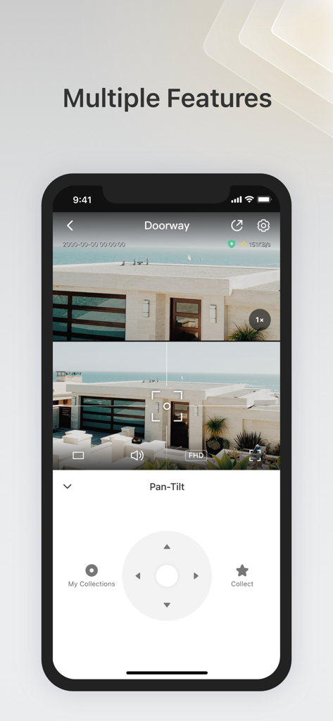 IPC360 Home - IPC360 Home app interface showing a doorway camera live feed with pan and tilt remote controls