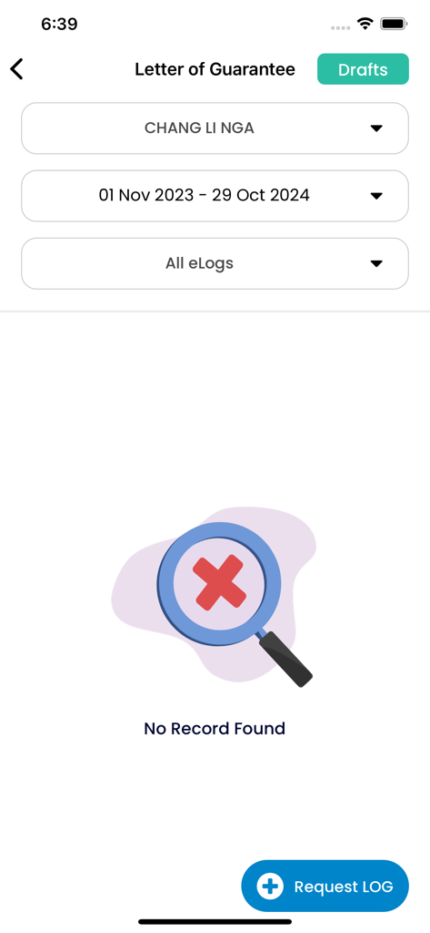 m-Plify - Captura de tela do aplicativo m-Plify mostrando a página de solicitação de Carta de Garantia sem registros encontrados