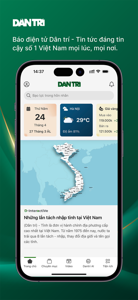 Bao Dan Tri news app home screen interface showing a map of Vietnam and widgets for date, weather, and gold prices.