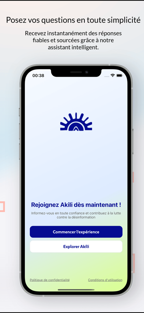 Akili - The welcome screen of the Akili AI fact-checking app on a mobile device showing options to start the experience.