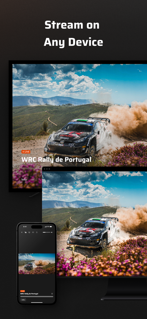 Rally TV app showing live WRC racing across a smart TV, monitor, and smartphone