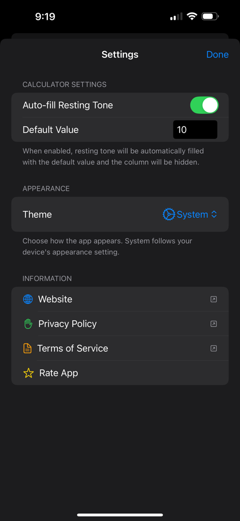 The settings menu of the MVU Calculator Pro app showing options for auto-filling resting tone, theme selection, and legal links.