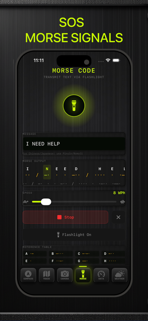 Compass X: GPS Map,Tracker - Interfaz de la aplicación Compass X que muestra la función de señal SOS de código Morse con control de linterna
