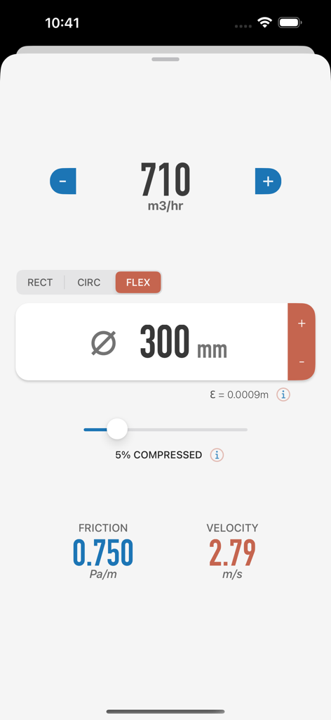 Ductulator app interface showing calculations for a 300mm flexible duct with 710 cubic meters per hour airflow.