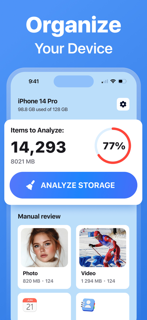 Cleanup Storage Pro - Panel de la aplicación Cleanup Storage Pro mostrando análisis de almacenamiento del dispositivo y herramientas de organización