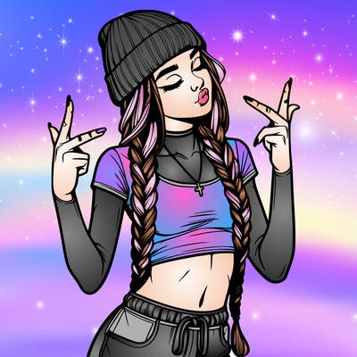 realistic teenage girl with braids and a beanie and crop top doing 🫶🏼