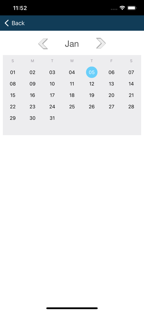Skolaro - Visualização de calendário do app móvel Skolaro para janeiro com uma data destacada