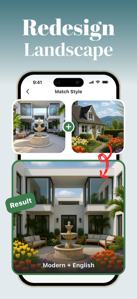 AI Garden Design: Makeover - Interfaccia di ridisegno del paesaggio IA che mostra la combinazione di architettura moderna con uno stile di giardino di tulipani inglese