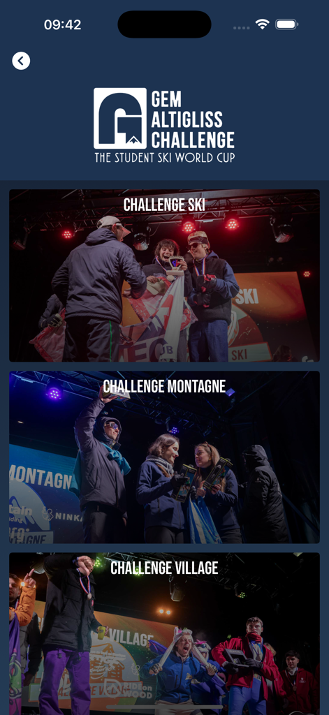GEM Altigliss Challenge - GEM Altigliss Challenge app interface showing menu options for Ski, Mountain, and Village competitions with podium ceremony photos.