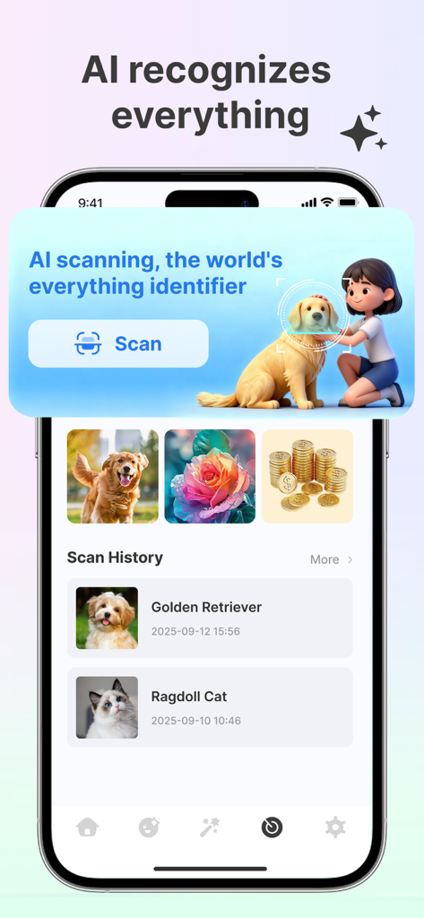FaceEra – Age & Photo AI - A mobile interface for the FaceEra app featuring an AI image scanner that identifies objects, plants, and animals like dogs and cats.