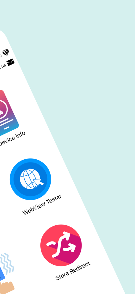 DevBox - Toolbox for Developer - Captura de tela do aplicativo DevBox mostrando os ícones do Testador de WebView e do Redirecionamento de Loja
