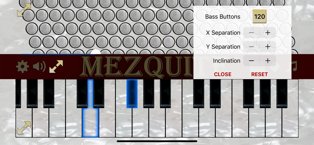 Interface of the Mezquite Piano Accordion app showing keyboard and bass button settings