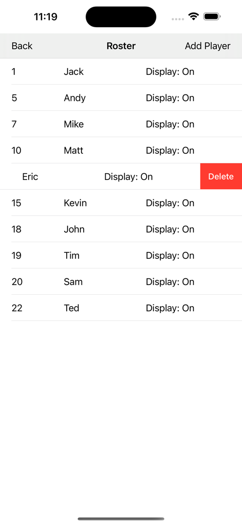 Un elenco di giocatori e numeri di maglia nella schermata della rosa dell'app Statistiche sull'hockey su ghiaccio