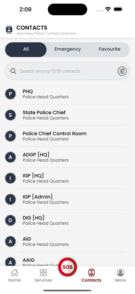 Pol-App(Kerala Police) - Interface of Pol-App showing a directory of Kerala Police headquarters contacts with an SOS button