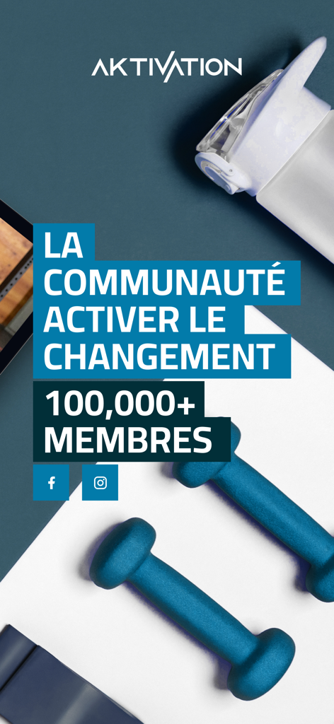 Écran promotionnel de l'application de fitness Aktivation montrant plus de 100 000 membres et des haltères bleus.