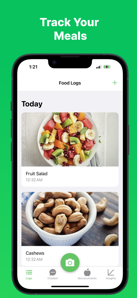 The food logs screen of the Micronutrient Vitamin Tracker app showing tracked meals like fruit salad and cashews