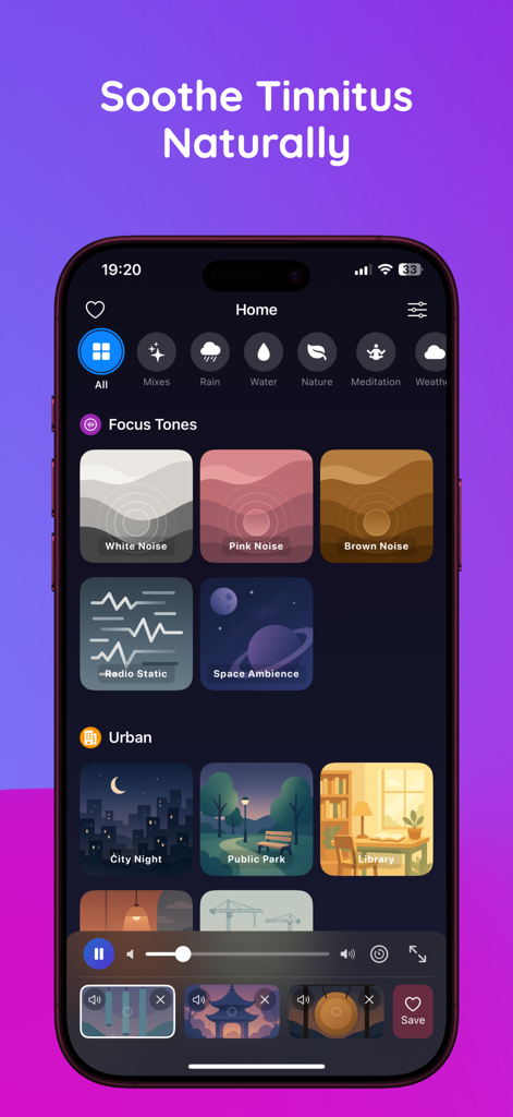 Softly: Sleep & Relax Sounds - Softly app interface displaying focus tones and urban sounds to soothe tinnitus naturally