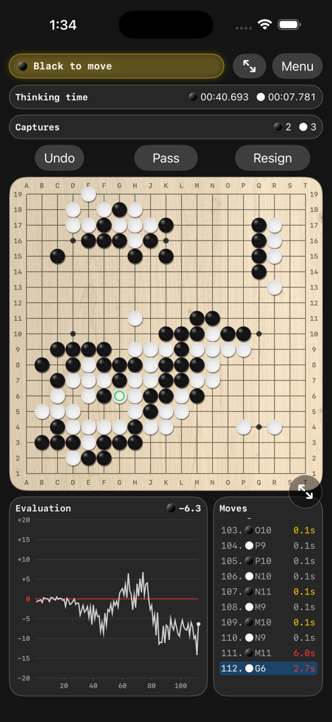 Go Lab: AI Baduk KataGo Engine - Go Lab App-Oberfläche, die ein 19x19-Spielfeld mit KI-Gewinnraten-Auswertungsdiagramm und Zugverlaufsliste zeigt