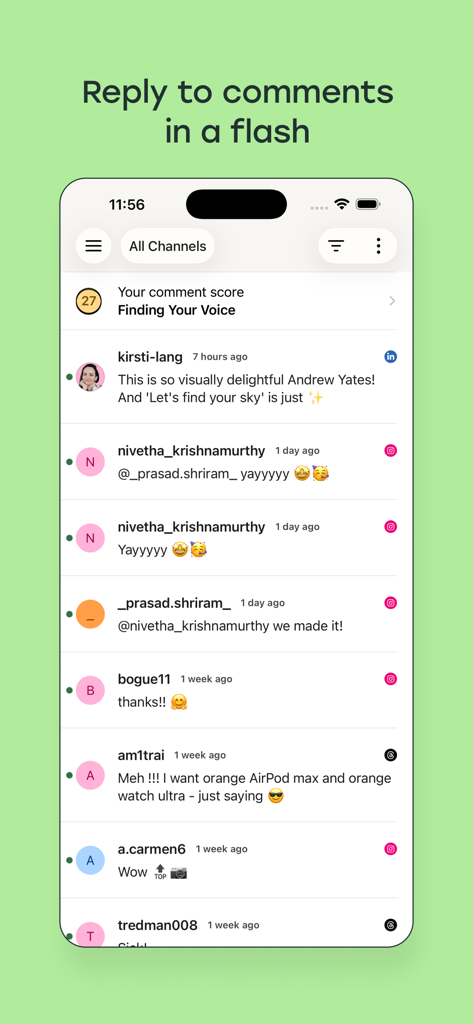 Buffer: Plan & Schedule Posts - Interface showing a unified social media inbox for replying to comments in the Buffer app