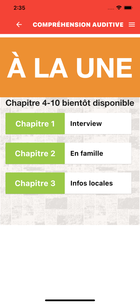 À La Une - A La Une app interface displaying French listening comprehension chapters and lesson topics