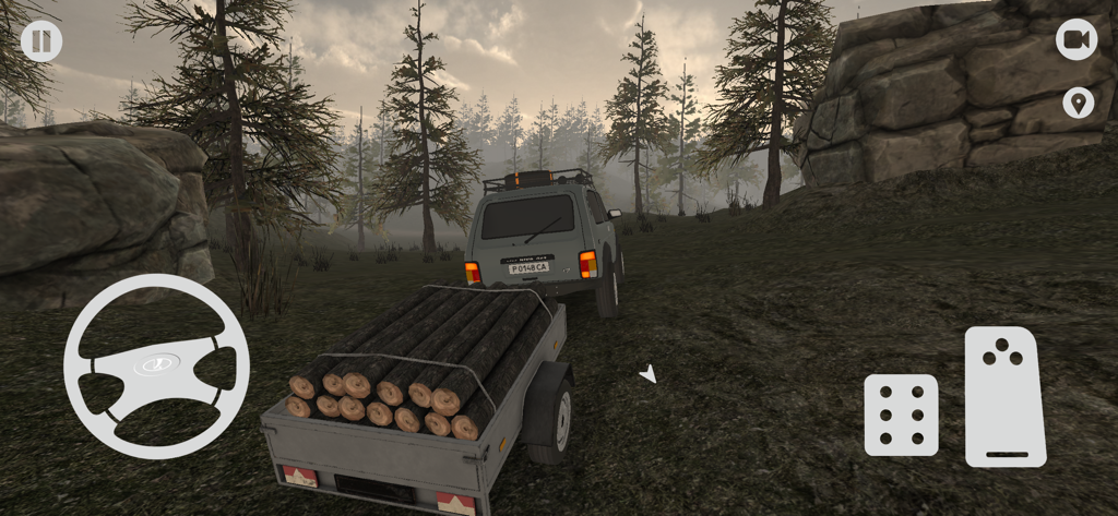 Forest Roads. Niva - Un vehículo Niva remolcando un tráiler cargado de troncos a través de un entorno forestal escarpado