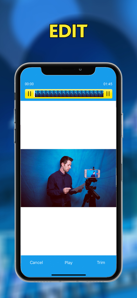 My Selftape App - Mobile app interface for My Selftape App showing a video editing and trimming screen with an actor on a blue background.